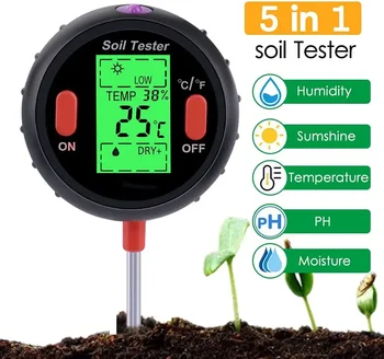 5 az 1-ben talajmérő nedvességmérő Növényi talajvizsgáló készlet PH-val, PH talajvizsgálóval, fény- és nedvességsav-teszterrel virágokhoz