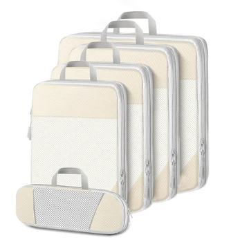 5 db összenyomható csomagolási kockák Összecsukható vízálló tároló táska bőrönd Nylon hordozható kézitáskával Poggyászrendező