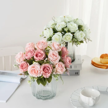 5 fej selyem rózsa művirágok esküvői csokor karácsonyi díszek váza otthoni parti ablakpárkányra Virágüzlet Kézművesség DIY