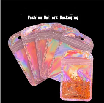 500db rózsaszín Flash lézeres cipzáras táska Mini ékszer csomagoló táskák Áttetsző műanyag cipzáras táska tároló tasakok