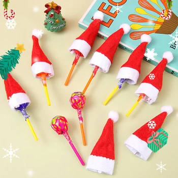 5Db/SET Mini Mikulás sapkák karácsonyi borosüveg borítók Nyalóka cukorka kalap Karácsonyi gyerek ajándékok Újévi party asztal vacsora dekorációk