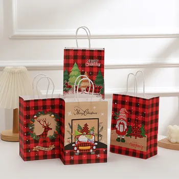 6db karácsonyi papír piros kockás stílusú Mikulás gyerek ajándék cukorka csomagoló táskák Süti táskák Újévi karácsonyi díszek