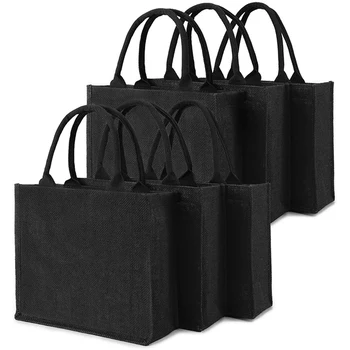 6PCS fekete zsákvászon, juta táskák fogantyúval és laminált belsővel, esküvői koszorúslány ajándéktáskák, üres táskák