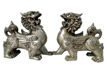 A pár Finom ezüst szobor szerencsés kínai városi ház Foo kutyák oroszlánok Kylin szobor
