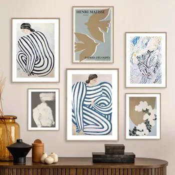 Absztrakt görbe vonal lány Matisse galamb virág geometria fali művészet vászon festés plakátok és nyomatok fali kép nappali dekoráció