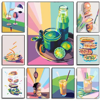 Absztrakt Hasábburgonya Hamburgerek Hot Dog Étel és ital poszter Vászon festés Nyomtatás Fali kép otthoni konyhához Kávézó dekoráció