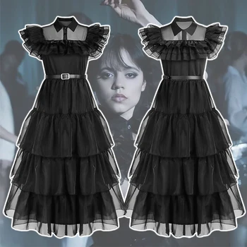 Addams 2023 Girl Kids Movie Wednesday Cosplay jelmezek Fekete gótikus ruhák Halloween Party női ruhák