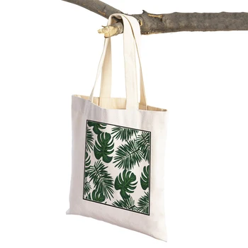 Alkalmi rajzfilm Trópusi levelek Női bevásárlótáskák Virág kaktusz újrafelhasználható divatvászon Vásárlói táska Szupermarket Tote kézitáska