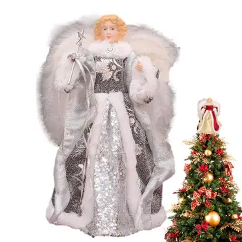 Angel Tree Topper White Feather Wings Elegant Christmas Angel Doll 7.08in Angel Treetop Figurine Christmas Tree Topper Díszek