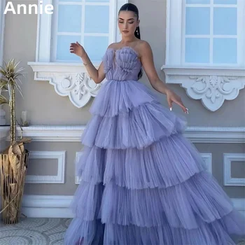Annie szexi pánt nélküli báli ruhák szürke lila tüll többrétegű estélyi ruhák Női vacsora esküvői parti ruha köntös De Soirée