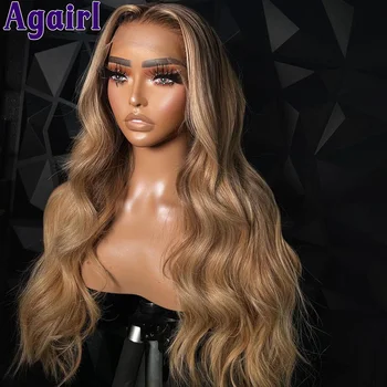Ash Blonde Brown Highlight ragasztó nélküli 13x4 hullámos emberi haj csipke elülső paróka 200% sűrűség előre pengetett 13x6 Body Wave csipke elülső paróka