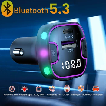  autó Bluetooth 5.3 töltő FM adó vezeték nélküli U lemez MP3 lejátszó PD 15W USB 3.1A gyorstöltő környezeti fény autós kiegészítők