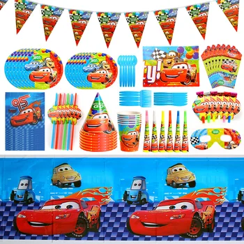 Autók téma szett Gyermek születésnapi zsúr kellékek Papírpoharak Papírtányérok Kés, villa, kanál Étkészlet dekoráció