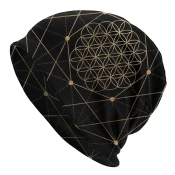 Az élet virága Fekete és arany sapka motorháztető kötött kalap Uniszex felnőtt geometrikus mandala minta meleg téli koponyák sapkák sapka