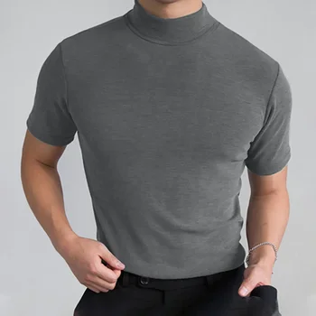 B1705 Férfi vékony póló Egyszínű magas galléros garbó Rövid ujjú Streetwear Fitness alkalmi férfi ruházat 2023 Szabadidő