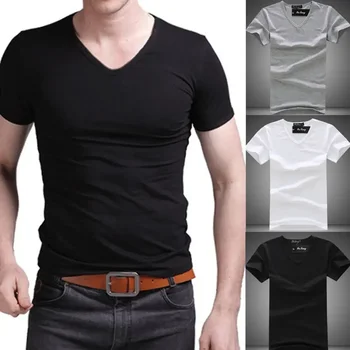 B3619 Summer Hot Sale póló Új férfi V nyakú felsők póló Slim Fit rövid ujjú egyszínű alkalmi póló