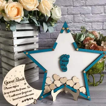Babaváró vendégkönyv csillagokkal csepp felső doboz,Személyre szabott fa baba születésnapi vendégkönyv alternatíva,gravírozott első születésnap