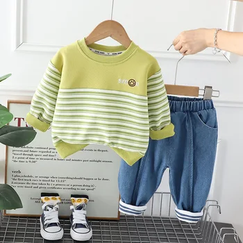 Baby Boy designer ruhák tavaszi, őszi alkalmi patchwork csíkos hosszú ujjú pólók és farmerek 12-18 hónapos fiú ruházati szettek