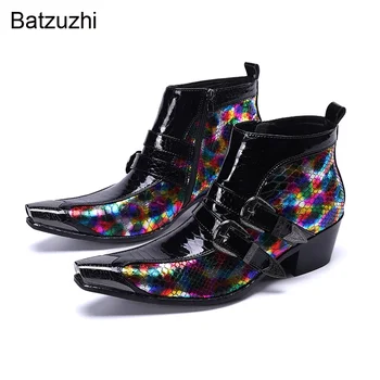 Batzuzhi Luxury 6.5CM sarkú férfi csizma cipő fém orr valódi bőr bokacsizma férfi muti lovag botas Hombre party / esküvő
