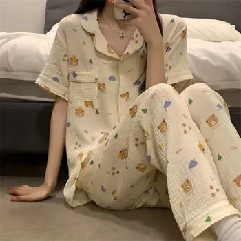 Bear Print női nyári rövid ujjú pizsama szett krepp hölgyek lehúzható galléros hálóruha Egymellű otthoni viselet nőknek