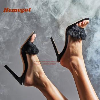 Black Twist hálós papucs 2023 Open Toe Stiletto Heels Mules Solid Leather Summer Outside Runway cipő Elegant plus size 46 Szexi