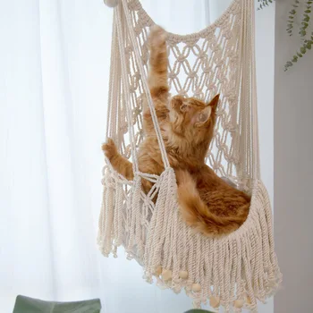 Bohém szőtt macska függőágy - Kézműves kisállat hintakosár a hangulatos és stílusos pihenőhelyért Macrame
