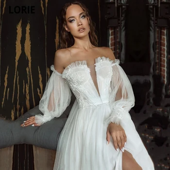 Bohém vállon kívüli hosszú ujjú, magas résű szexi hát nélküli esküvői ruhák csipke 2023 gyönyörű A-vonalú vintage csinos menyasszonyi ruha