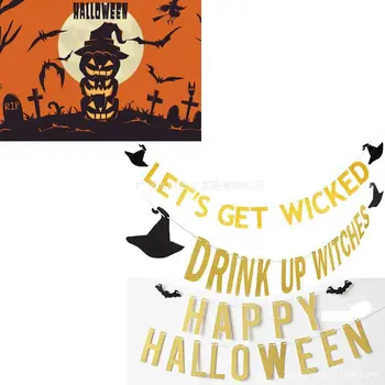 Boldog Halloween papír banner horror DIY koszorú Halloween partira Függő dekoráció Sármány zászlók arany fekete