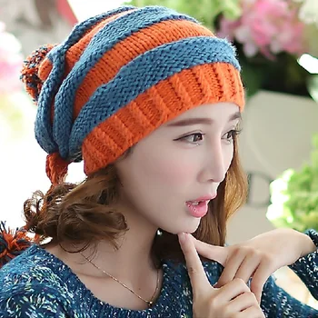 BomHCS Őszi téli nők Meleg kézzel készített kötött kalap sapka csíkos mozaik kontraszt színű kalap