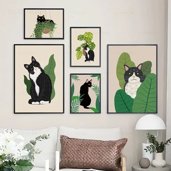 Botanikai fekete macska falfestmény Művészet Vászon festészet Boho stílusú állat poszter Trópusi növények nyomtatás Vicces konyha Lakberendezés Képek
