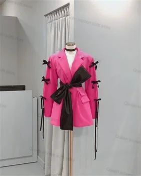 Bow rózsaszín női öltöny szett 2 részes blézer+nadrág esküvői szomtízkabát formális teljes ujjú báli ruha szabott öltözék