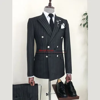 Business csíkos öltönyök Férfi Slim Fit fekete dupla mellű kabát Pant Design legújabb 2 darab férfi divat vőlegény esküvői szmokingok