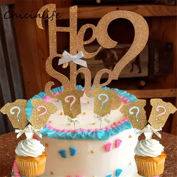 Chicinlife 11db/lot Ő ? Torta cupcake toper Gender Reveal Party Decoraton Babaváró Party kellékek