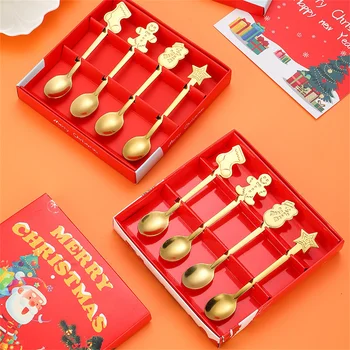 Christmas Spoon étkészlet Díszdoboz csomagolás Hóember jávorszarvas kávéskanál Mikulás gyümölcs villa baba kanál ajándék karácsonyi ajándék