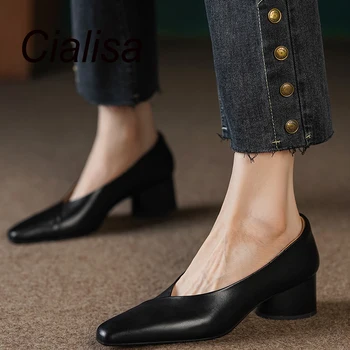 Cialisa Kiváló minőségű női cipők 2023 ősz Vintage szögletes orr Valódi bőr szivattyúk Napi középsarkú cipő Kézzel készített lábbeli 41