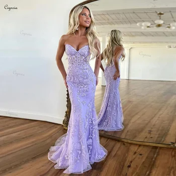 Ciynsia pánt nélküli lila csipke báli ruha fűzőháttal tüll rátétekkel Hivatalos estélyi ruhák sellő Vestidos De Gala