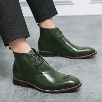 Classic zöld Magas szárú férfi ruha Cipők 38-48-as méret Ponited formális cipők Férfi fűzős bőrcsizma férfiaknak Zapatos hombre vestir