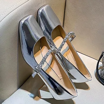 Crystal Mid Heels női sekély cipő Chunky Square Toe Shoes 2024 Designer Fashion Chunky Luxury Sandals New Dress Pumps Femme