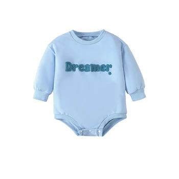 Csecsemő baba pulóver Jumpsuit Fuzzy betűs hímzés kerek nyakú hosszú ujjú romper kisgyermek ruhák