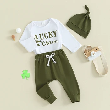 Csecsemő újszülött kisfiú Szent Patrik napi ruha Lucky Charm levél Romper zöld nadrág kalap 3Db ruha szett Ősz