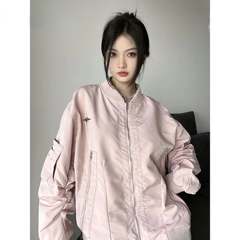 Deeptown Streetwear Rózsaszín bombázó dzseki Nők Túlméretezett koreai divat pálya dzsekik Vintage Y2k cipzáras pár széldzseki