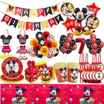 Disney Mickey egér születésnapi dekorációk Party lufi készlet Eldobható kellékek Étkészlet Abrosz tányérok Csészék a baba szívességéért