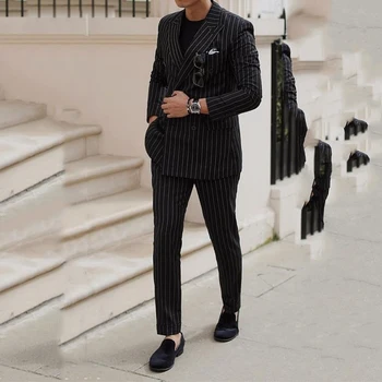 Divat fekete Pinstripe öltöny férfi hivatalos üzleti blézer party esküvői vőlegény Tuxedo Slim Fit 2 részes kabát nadrág jelmez Homme