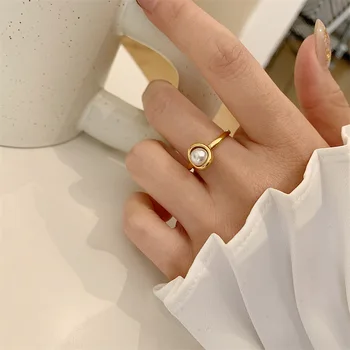 Divat gyöngygyűrűk nőknek Lányok minimalista arany színű rozsdamentes acél édesvízi gyöngygyűrű Elkötelezettség Korea Chic zsidóság