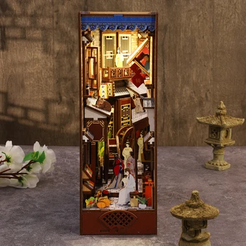 DIY fa könyv Kuckó polc betét készletek Miniatűr kocsma sikátor Bookends Kínai város Babaházak Könyvespolc ajándékok Lakberendezés