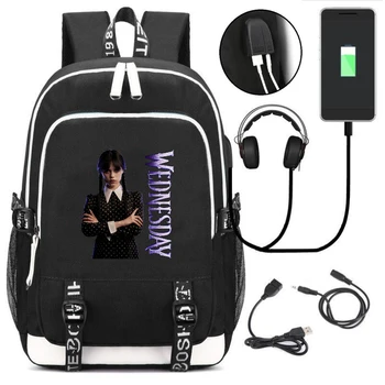 Diák Nagyobb kapacitású tartós iskolatáska Wednesday Addams Print Casual Boys Girls hátizsák USB kültéri sport laptop Daypack