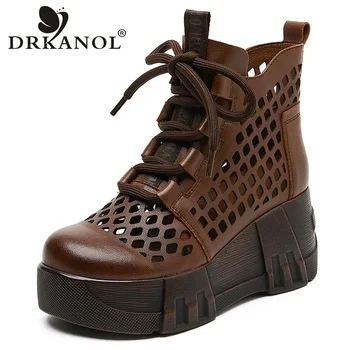 DRKANOL Új design Nyári nők Cool Boots Üreges légáteresztő cipők Ékek Platform sarok Valódi bőr Bokacsizma