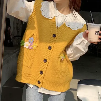 DUOFAN Kawaii Aranyos pulóverek Mellény Női Virágminta Koreai stílusú Preppy Divat Édes sárga kötött mellények Jumper Női felsők Y2K