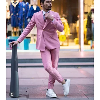 Dupla mellű rózsaszín férfi öltöny csúcsos hajtóka 2 részes kabát nadrág Luxus teljes szett utazó férfi ruházat Hivatalos báli party szett