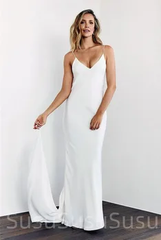 Egyszerű sellő Boho esküvői ruhák szexi backleess spagetti pánt szatén sifon menyasszonyi ruhák V-nyakú Beach Vestido De Noiva 2023